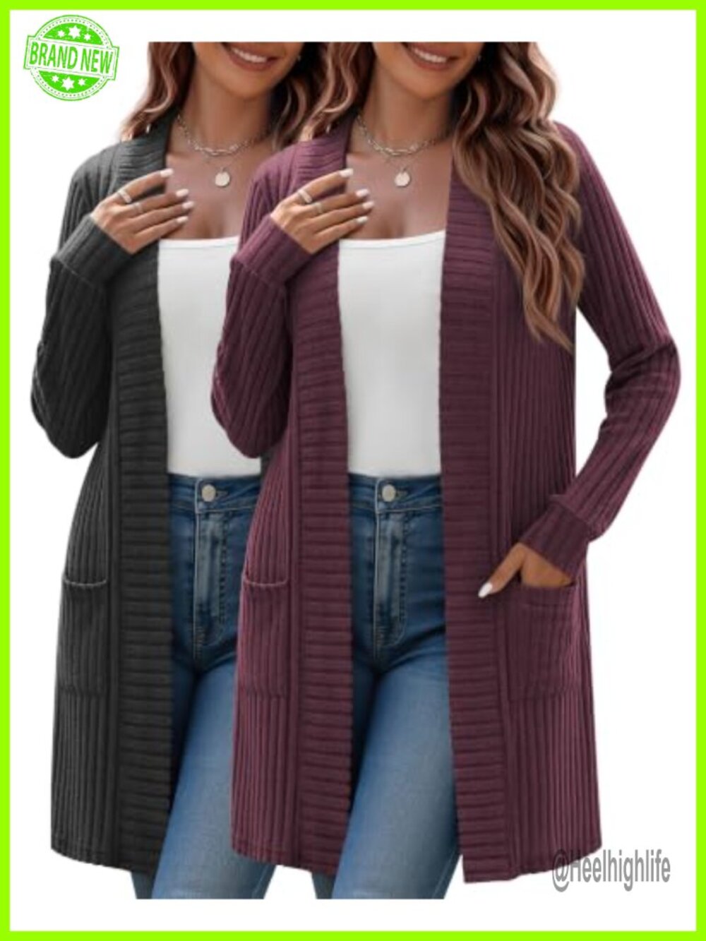 Plus Size Long Sleeve Knit Cardigan 2 Pack Open Front Pockets